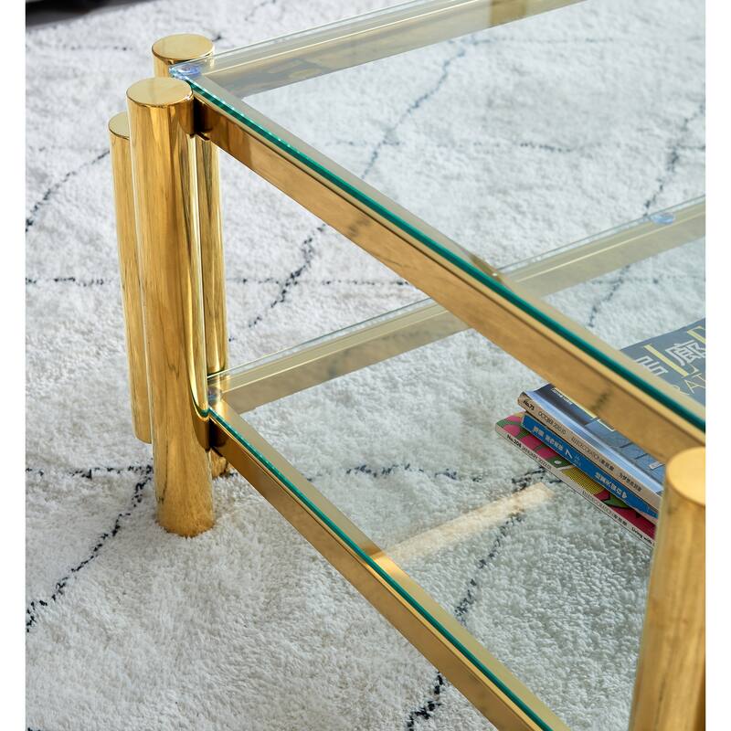Modern Stainless Steel Coffee Table Tempered Glass Coffee Table with 2Tier Glass Shelves, for Living Room