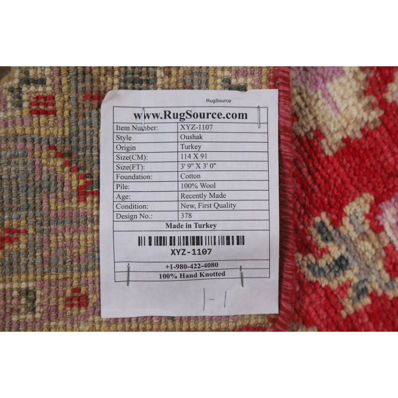 Red Geometric Oushak Turkish Oriental Rug Hand-knotted Wool Carpet - 3'0" x 3'9"