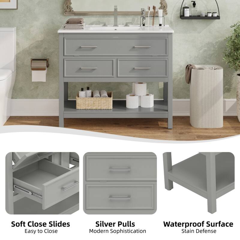 36" Bathroom Vanity with Ceramic Sink, Tip-Out Tray, Full-Extension Drawers, Soft-Close Slides, and Open Shelf