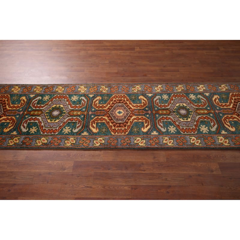 Green Geometric Kazak Indian Runner Rug Hand-Knotted Wool Carpet - 2'5"x 9'9"