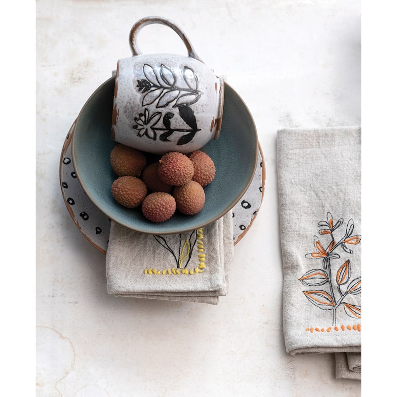 Cotton and Linen Napkins with Flower Embroidery and French Knot Design - 18.0"L x 18.0"W x 0.1"H
