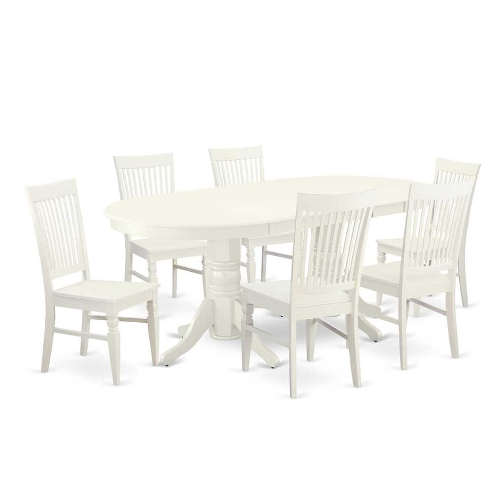 7-Piece Oval Dinette Set - Kitchen Table with Butterfly Leaf & 6 Chairs - Linen White Finish - 76.3