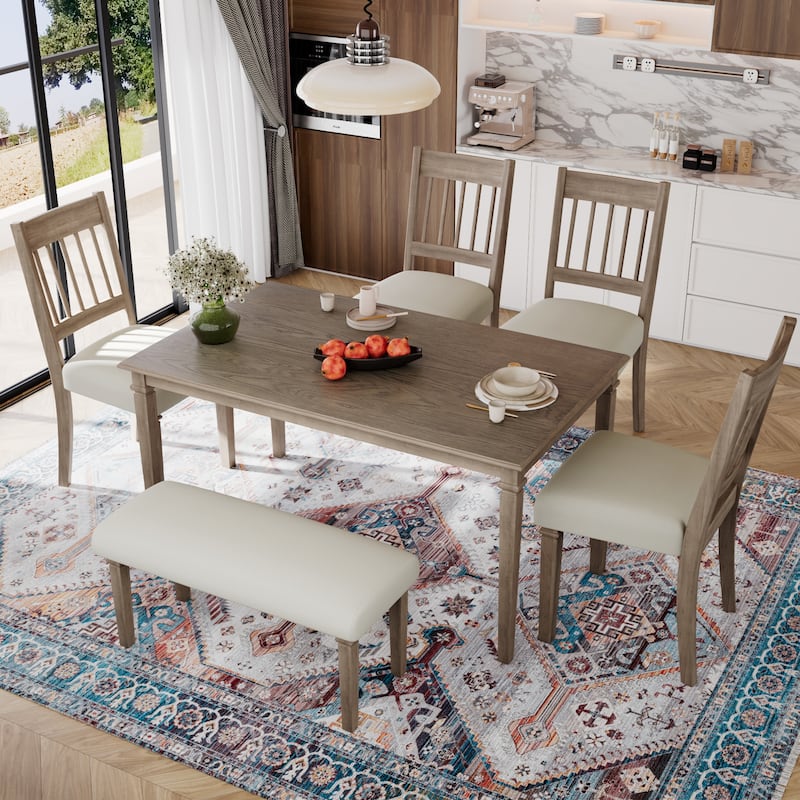 6-Piece Retro Dining Room Set, Classic Kitchen Furniture Set, Wooden Rectangular Table and 4 Chairs with Bench