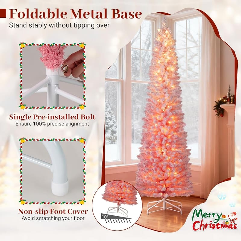 6/7FT Pre-lit Snow-Flocked Pencil Christmas Tree Pink Hinged Xmas Tree