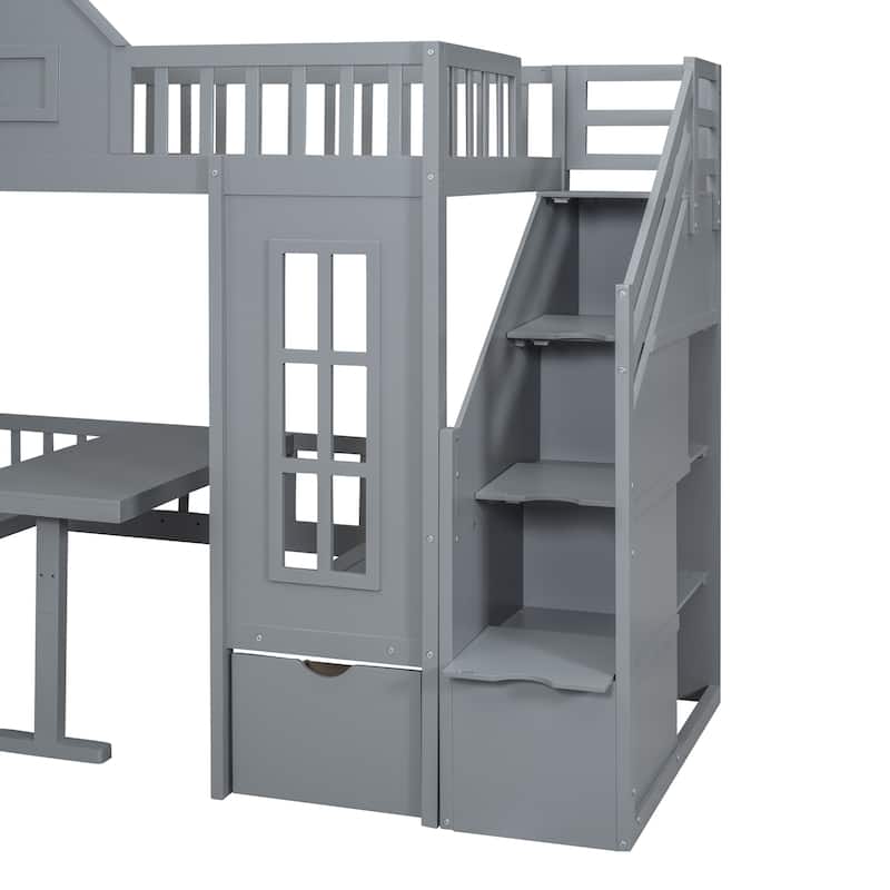 Full Size Wooden Loft Bunk Bed with Table, Seats, and Storage Shelves