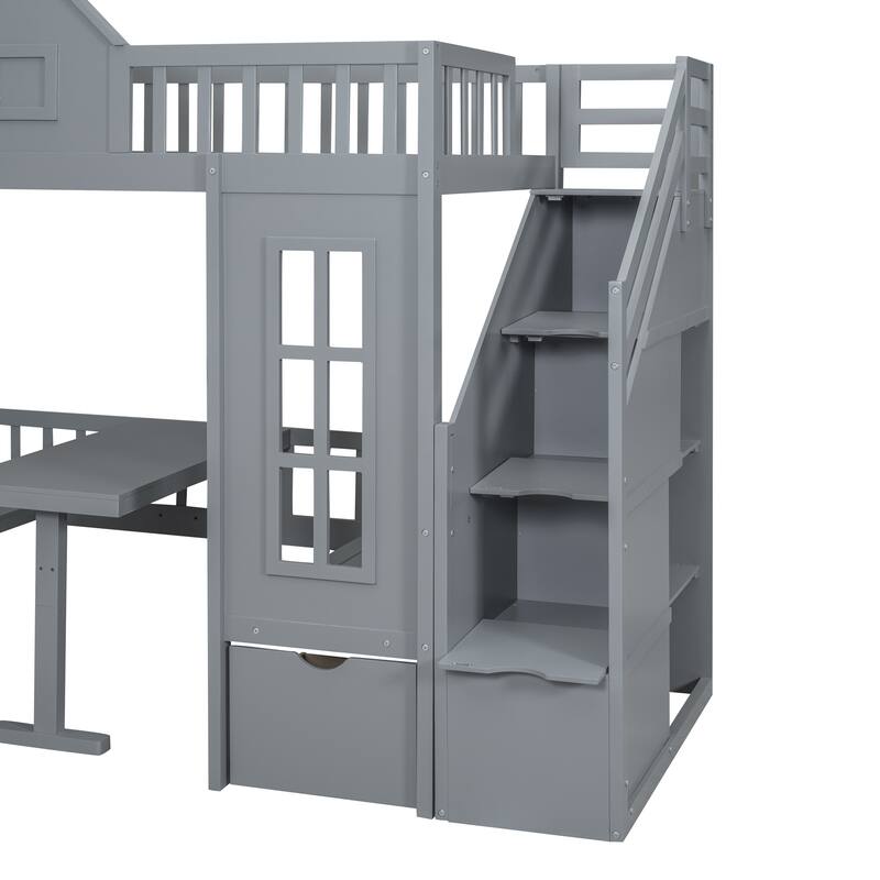 Stairway Bunk Bed with Changeable Table, Wood House Bedframe with Window & 2 Drawers, Bunk Bed Turn into Upper Bed and Down Desk