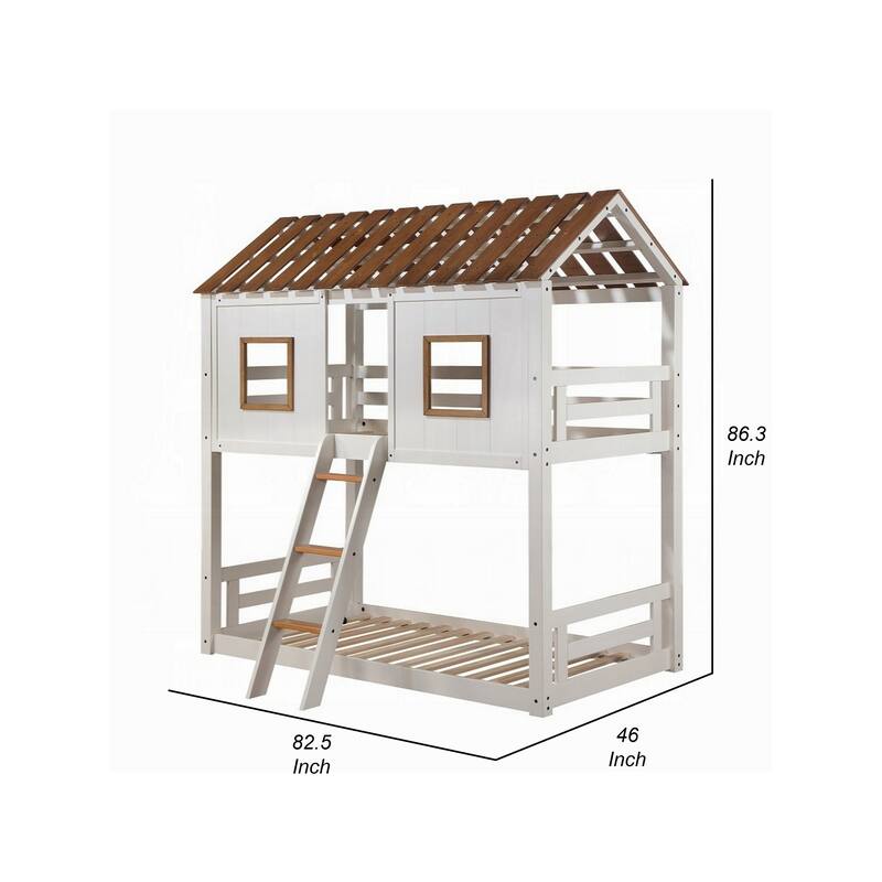 Nara Twin Size Bunk Bed, House Design with Ladder, White Rustic Wood