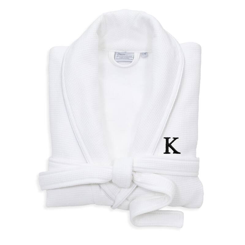 Authentic Hotel and Spa White Unisex Turkish Cotton Waffle Weave Terry Bath Robe with Black Block Monogram - S/M - K