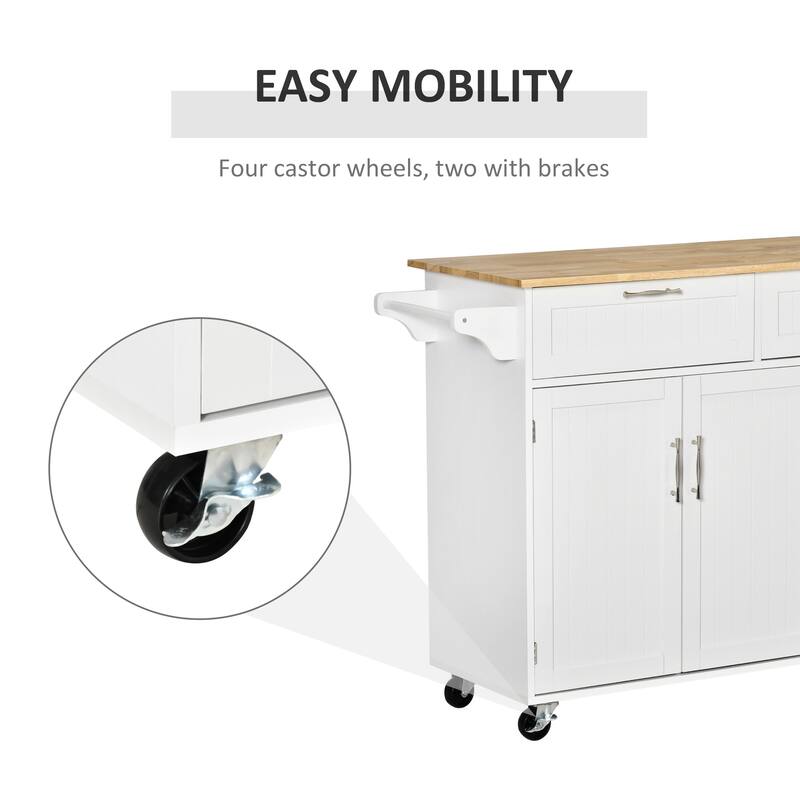 Mobile Kitchen Island On Fixed Wheels with Storage Space, 2 Drawers, 3 Cupboards, Adjustable Shelves and Towel Rack, White