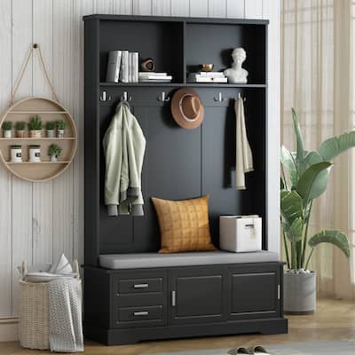 Hall Tree with Sliding Doors, Versatile Coat Rack with 6 Hooks & Handles, Mudroom Upholstered Bench Cabinet w/ Shoe Storag