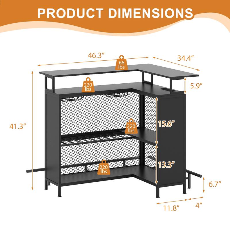 EROMMY L Shaped Bar Cabinet, 4-Tier Bar Table with Wine Rack and LED Lights, Corner Bar Stand with Storage, Liquor Cabinet