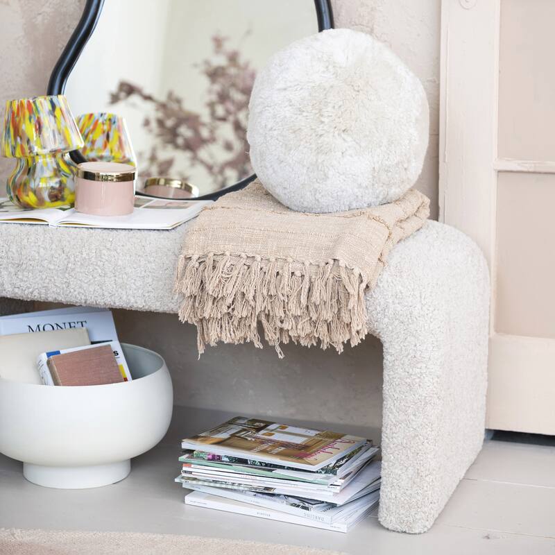 Stonewashed Woven Cotton Slub Throw with Pom Pom Trim and Fringe