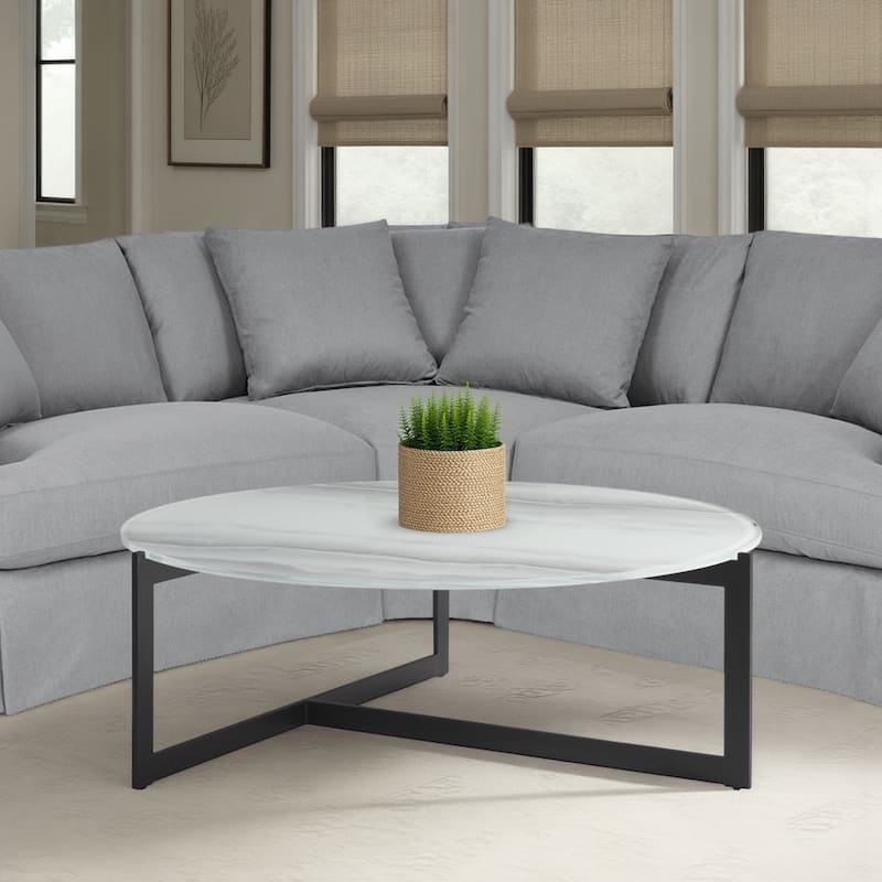 Krike Modern Industrial Round Coffee Table with Tempered Glass Top - White