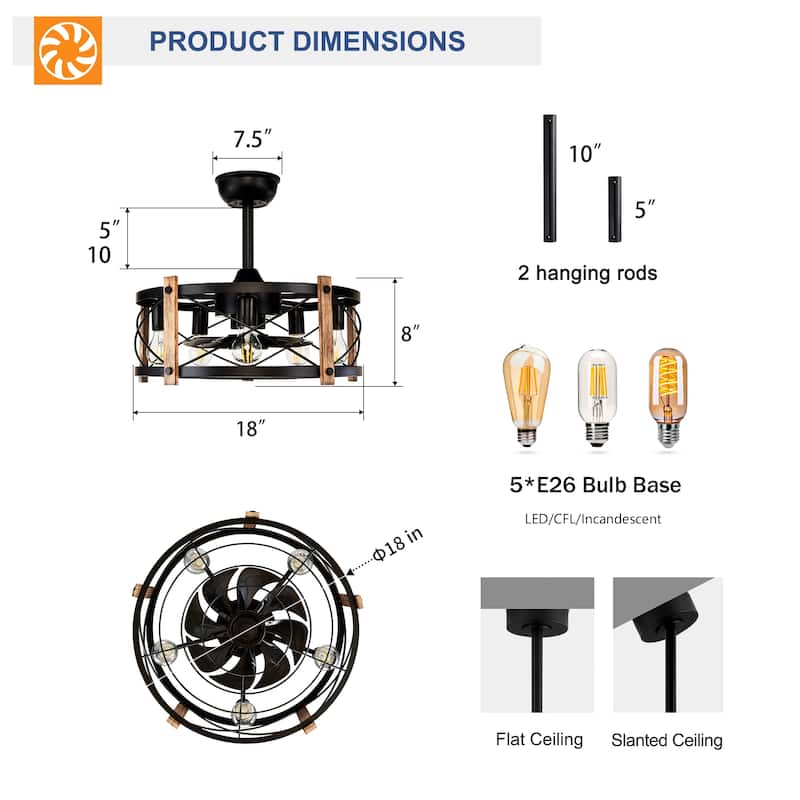 20" Ceiling Fan With Remote Control, Quiet Motor Fan Light, Indoor Chandelier Ceiling Fan for Bedroom, Living room - Matte Black