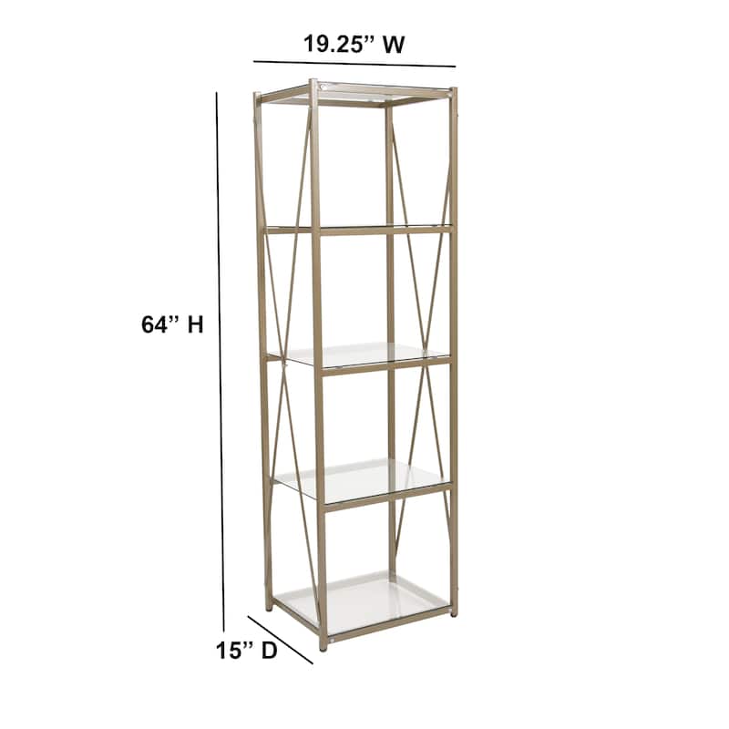 4 Shelf 64"H Cross Brace Glass Bookcase in Matte Gold - Tempered Glass Shelves