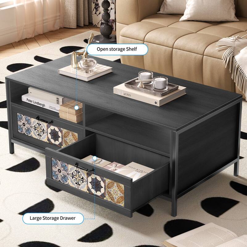 Mixoy Coffee Table, Mid Century Modern Coffee Table with 2 Open Shelves and 2 Storage Cabinets for Living Room - 47in*24in*19in