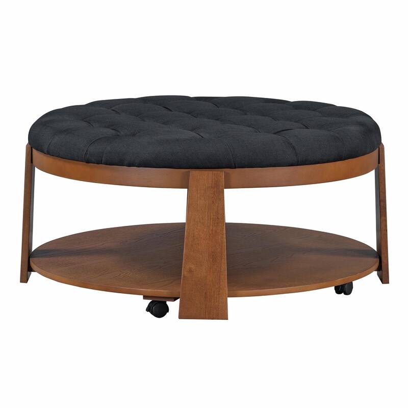 Modern Oversized Round Ottoman Coffee Table, 2-Tier Button Tufted Design