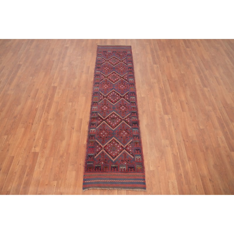 Hand Knotted Oriental 100% Wool Carpet Traditional Tribal Navy Blue & Blues Balouch Runner Rug - 7' 10'' X 2' 0''