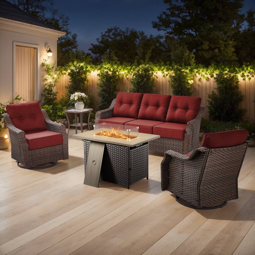 Gymojoy Wicker Patio Furniture Sofa Set with Fire Pit Table, 6-Inch Ultra Thick Cushioned 360° Swivel Glider Chairs