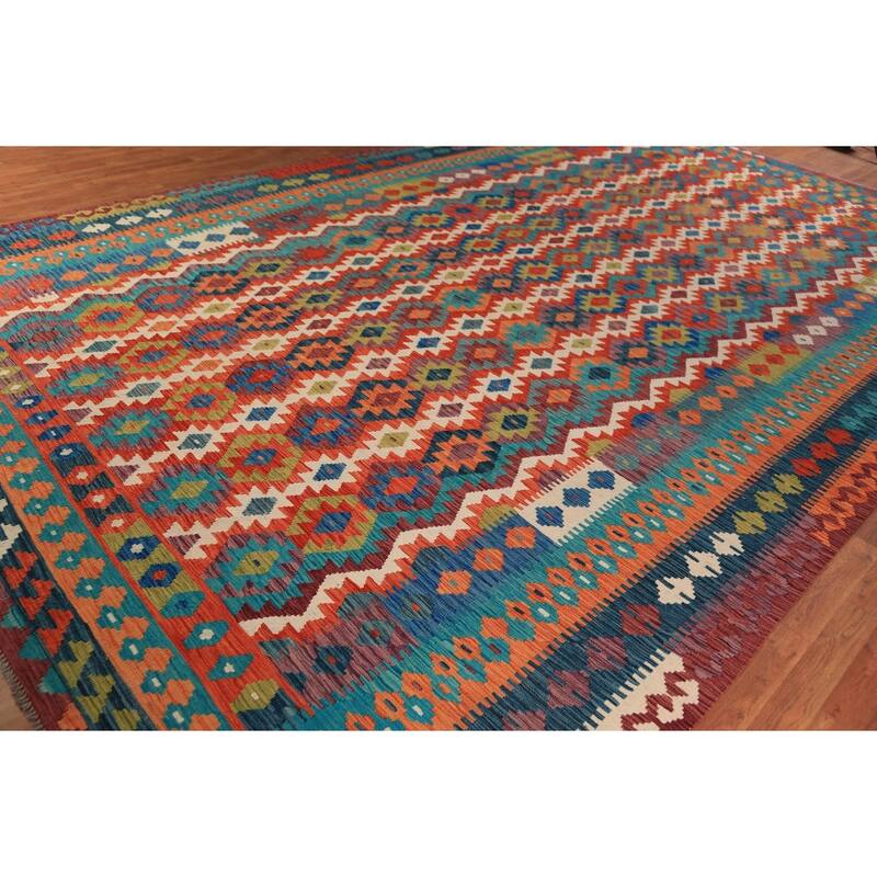 Geometric Kilim Oriental Large Rug Flatweave Wool Carpet - 10'5"x 16'2"