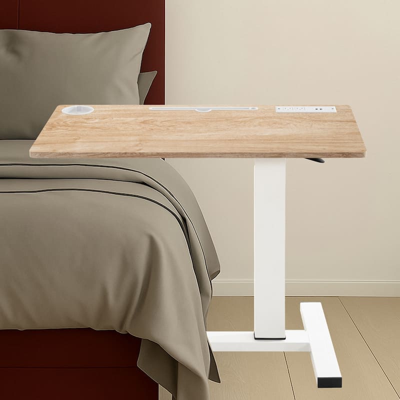 Height-Adjustable Overbed Table with Hidden Casters, Portable Bedside Desk with Tray, Pen Holder, USB & C-Type Ports