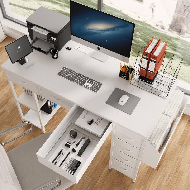 Versatile Computer Desk Vanity Table Writing Desk Rectangular Writing Desk with Power Outlet, 7 Drawers and Large Side Pocket