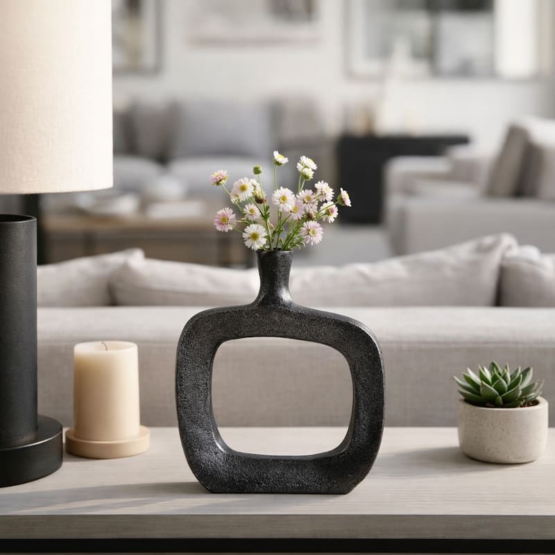 Modern Square Metal Bud Vase with Open Cut Out - Tall Flower Vase - Black