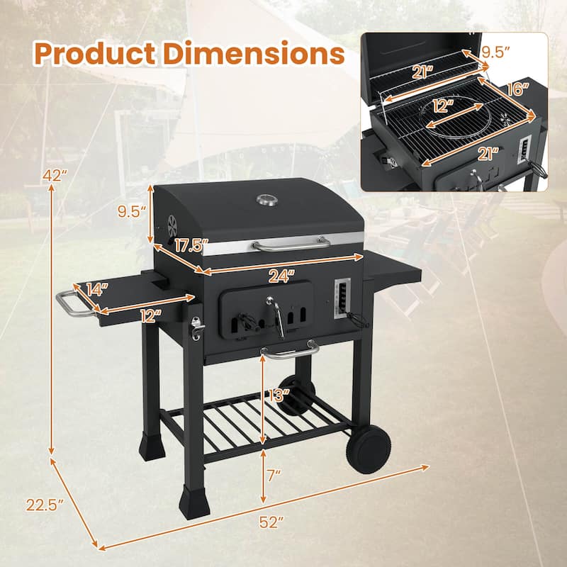 Costway Barrel Charcoal Grill with 2 Folding Side Tables 24-Inch - as pic shows - See Details