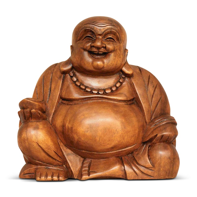 Wooden Laughing Happy Buddha Statue Hand Carved Smiling Sitting Sculpture Handmade Figurine Decorative Home Decor Handcrafted - 8" tall x 8" wide x 5" deep