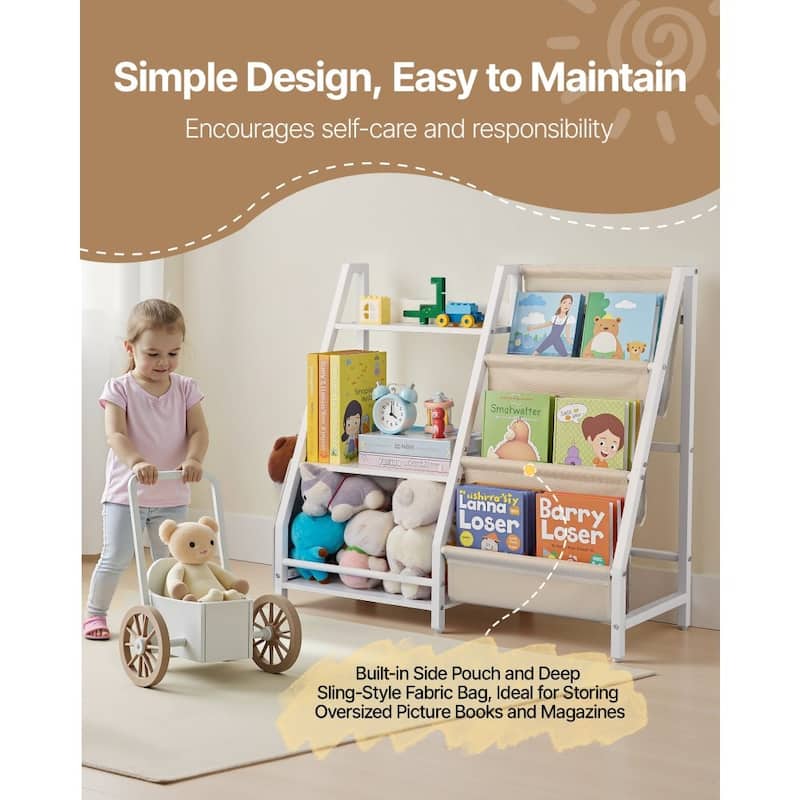 White-Beige Kids Bookshelf and Toy Storage Organizer with 7 Compartments - 33.46 x 11.81 x 29.72 in