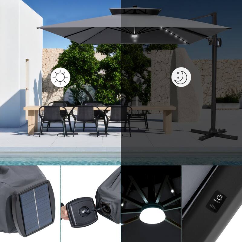 VredHom 11X11 FT Outdoor Square Cantilever Patio Umbrella Aluminum Solar LED Light with HDPE Base
