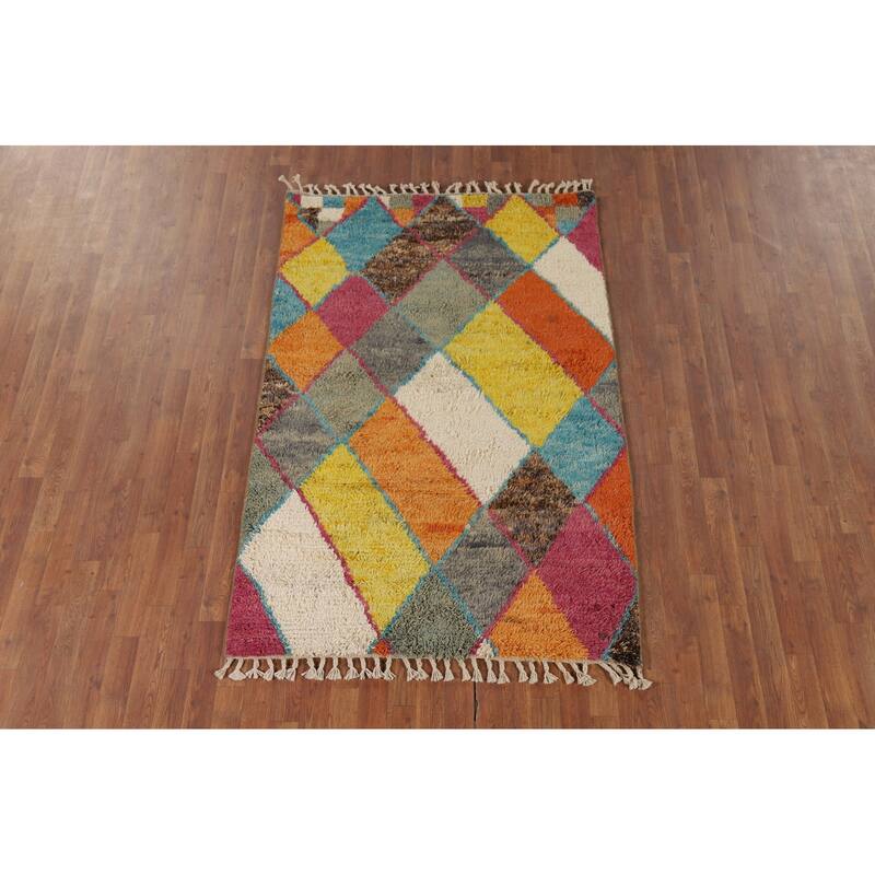 Hand Knotted Oriental 100% Wool Carpet Modern All-Over Multi-Colored Moroccan Area Rug - 6' 3'' X 4' 0''