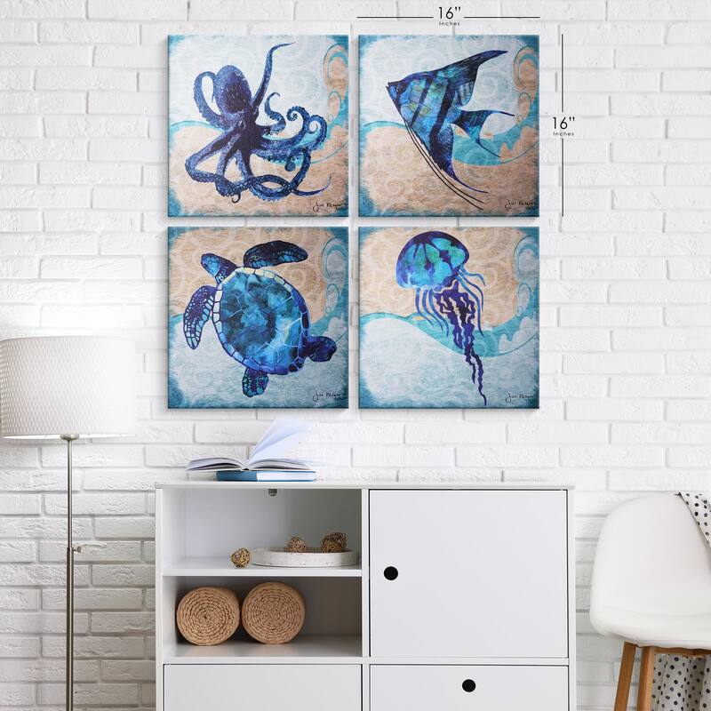 Sea Creatures Turtle Jellyfish Octopus Angelfish - 4 Piece Canvas Set