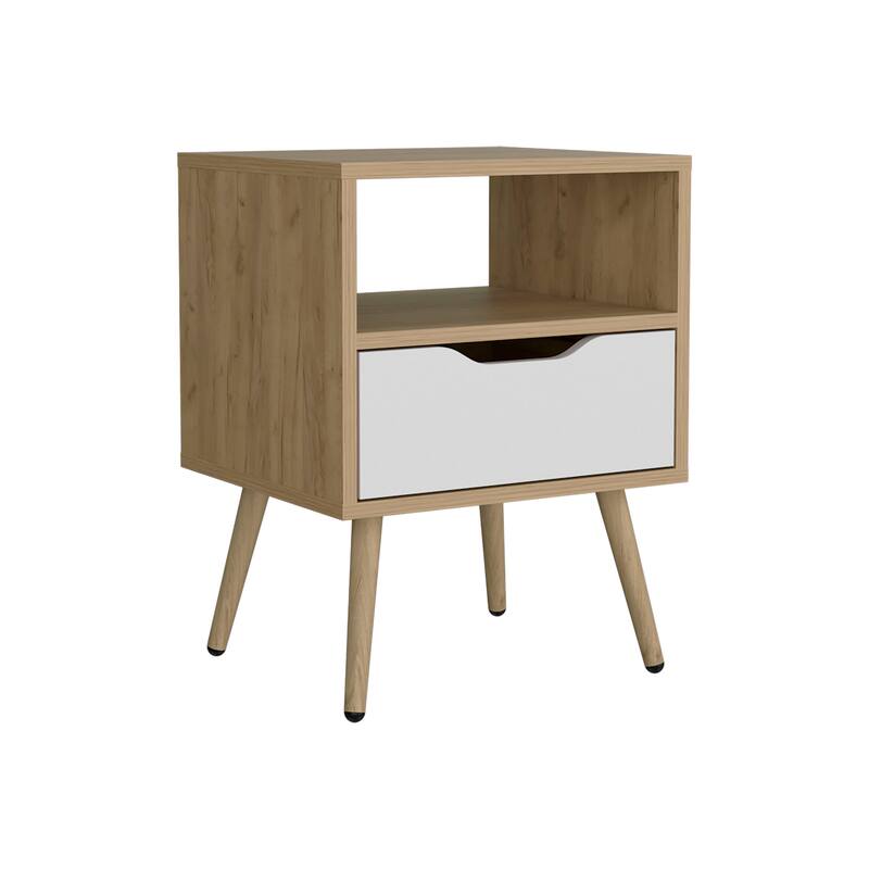 21-Inch High Nightstand with Drawer and Open Shelf, Two-Tone Design, Compact Size