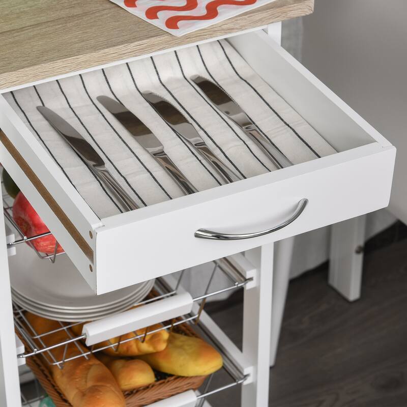 HOMCOM 32.25" Wooden Rolling Kitchen Storage Cart on 360-deg Swivel Wheels with Ample Storage Space & Solid Structure