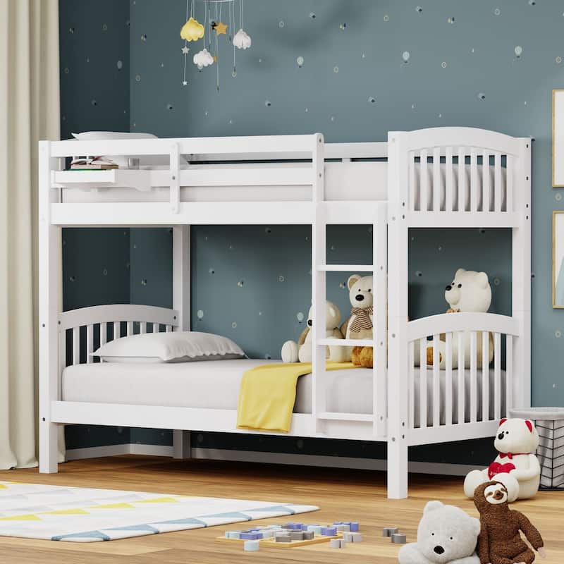 Arca Wood Twin Over Twin Bunk Bed and Hanging Nightstand - White