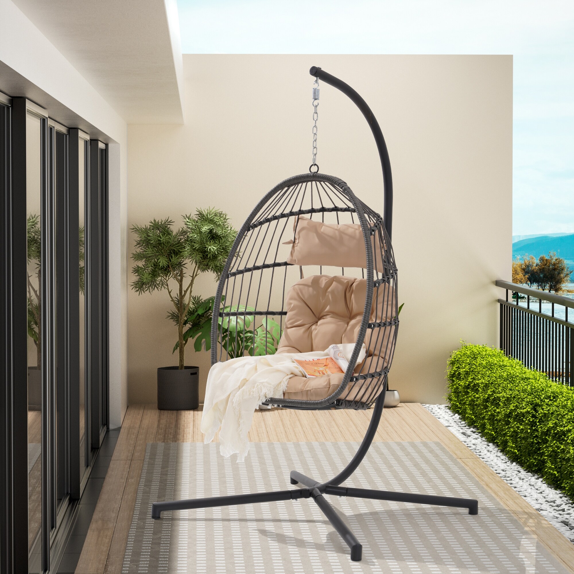 PE Rattan Egg Chair Garden Hanging Chair Khaki Bird s Nest Hanging Basket Chair Horizontal Bar Chair Lazy Swing Hammock Chair Bed Bath Beyond 40613483