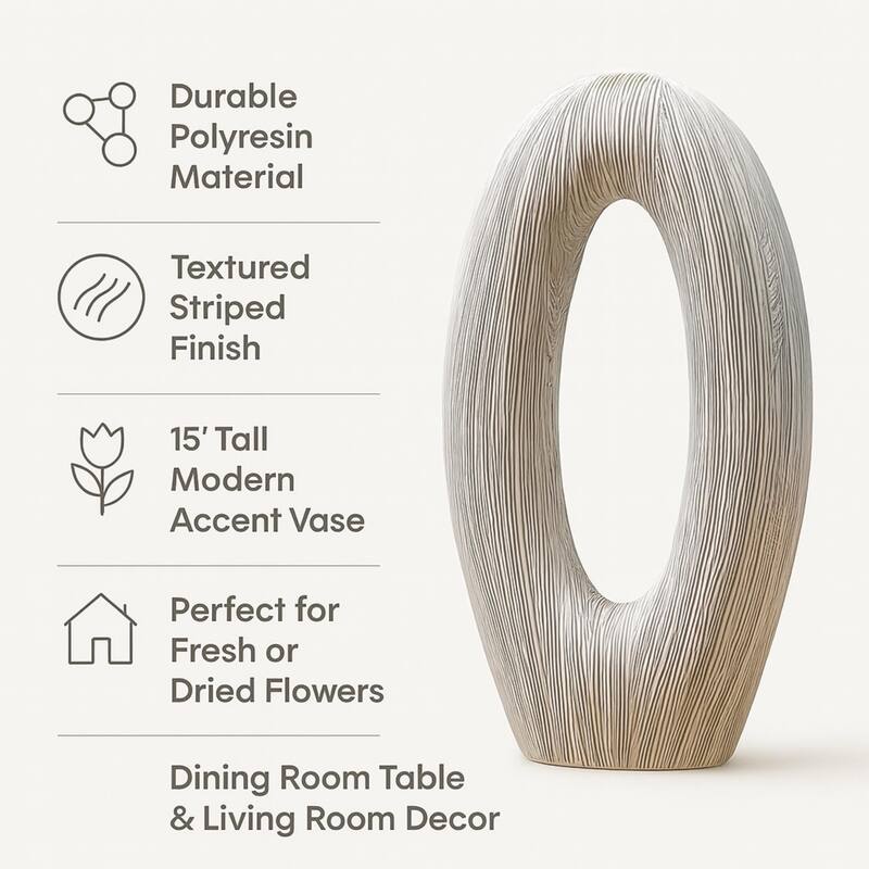 O Shaped Needley White Striped Textured Polyresin Decorative Vase