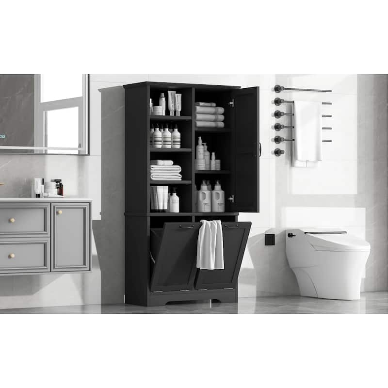 Free Standing Bathroom Storage Cabinet with Tilt-Out Laundry Baskets, Tall Cabinet with Adjustable Shelf