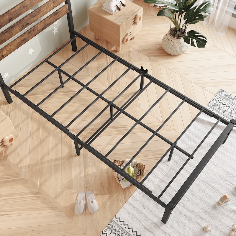 Rustic Brown Wood and Black Metal Twin Size Platform Bed
