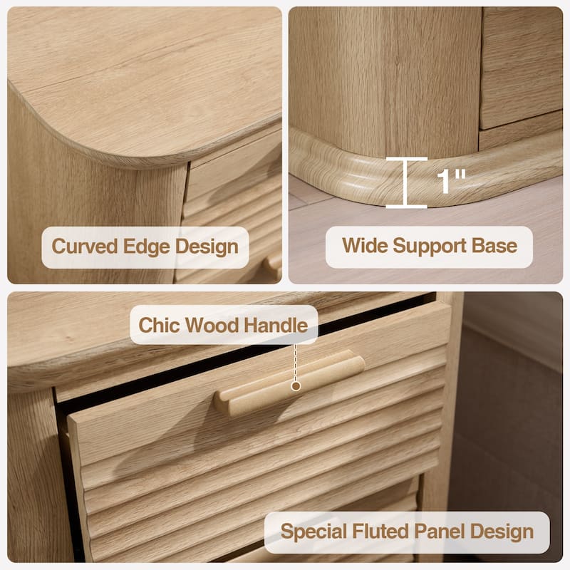 Anmytek 3 Drawer Nightstand with Charging Station Fluted Design Natural Wood Bedside Table