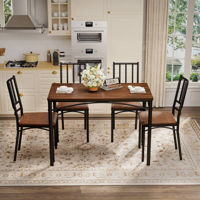 5-Piece Dining Set, 43.3" Rectangle Wood Table with 4 Steel Chairs