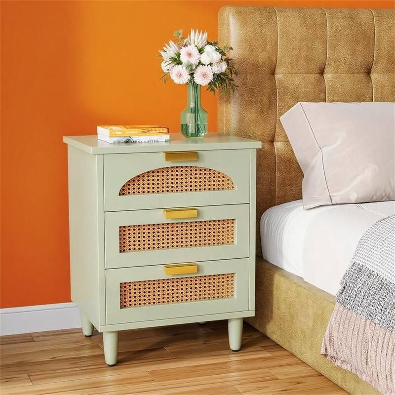 Mint Green & Rattan Nightstand with 3 Drawers - Green