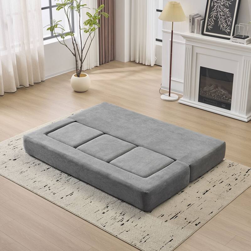 Convertible Sectional Sofa with 3 Storage Ottomans - High-Resilience Foam Sleeper, Space-Saving Grey Chenille Floor Sofa