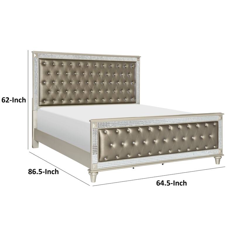 Juhi Queen Size Bed, Button Tufted Gray Faux Leather, Crystals Trim, Wood
