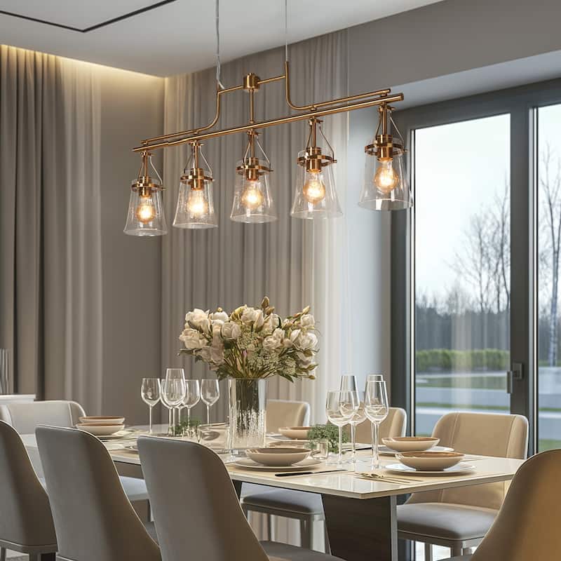 Haye Modern Gold Brass 5-Light Chandelier Seeded Glass Kitchen Island Lights for Dining Room - L37.8" x W 5.3" x H16.5"
