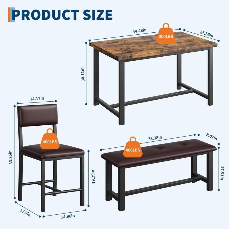 3 pcs Dining Table Set , with 2 Upholstered Chairs and Bench