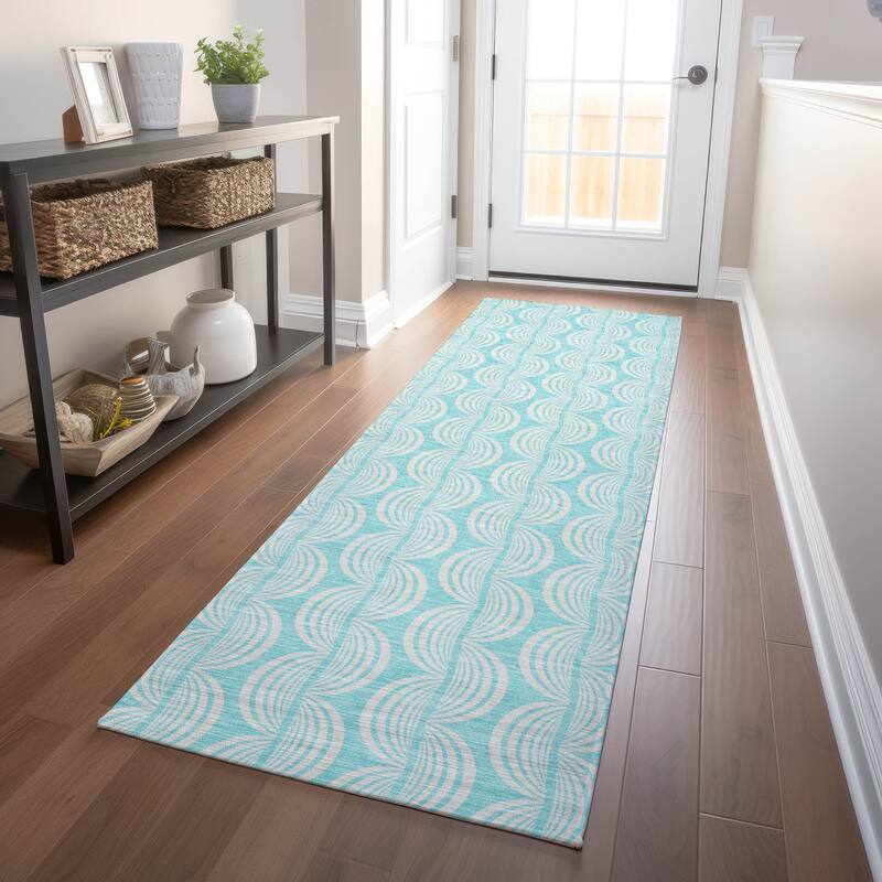Machine Washable Indoor/ Outdoor Wavy Modern Chantille Rug - Aqua - 2'3" x 7'6"
