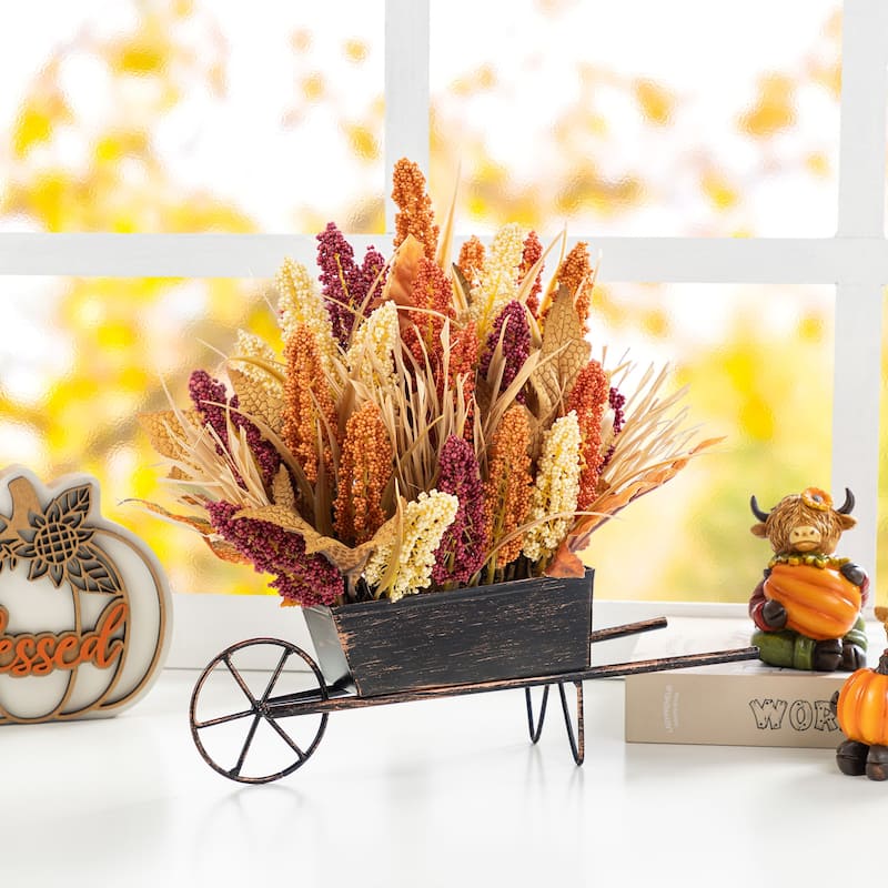 Glitzhome 14"L Fall Floral sunflower Pumpkins/ Sorghum Cart Centerpiece Harvest Table Decor - Sorghum Cart
