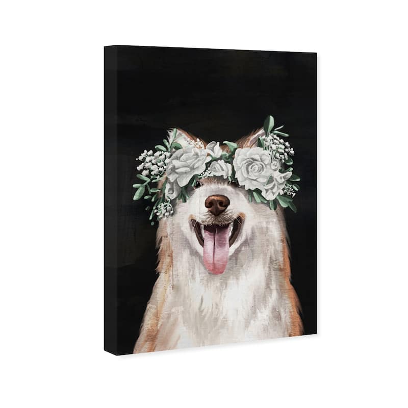 Wynwood Studio Canvas Animals Gorgeous Floral Dog White and Cream White Rustic Wall Art Canvas Print